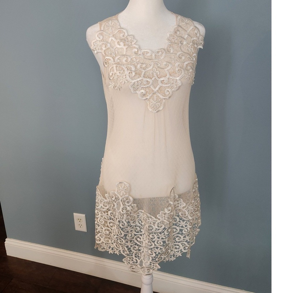Ryu Lace Trim Mesh Dress Women Medium Cream Excellent Romantic Boho Sleeveless